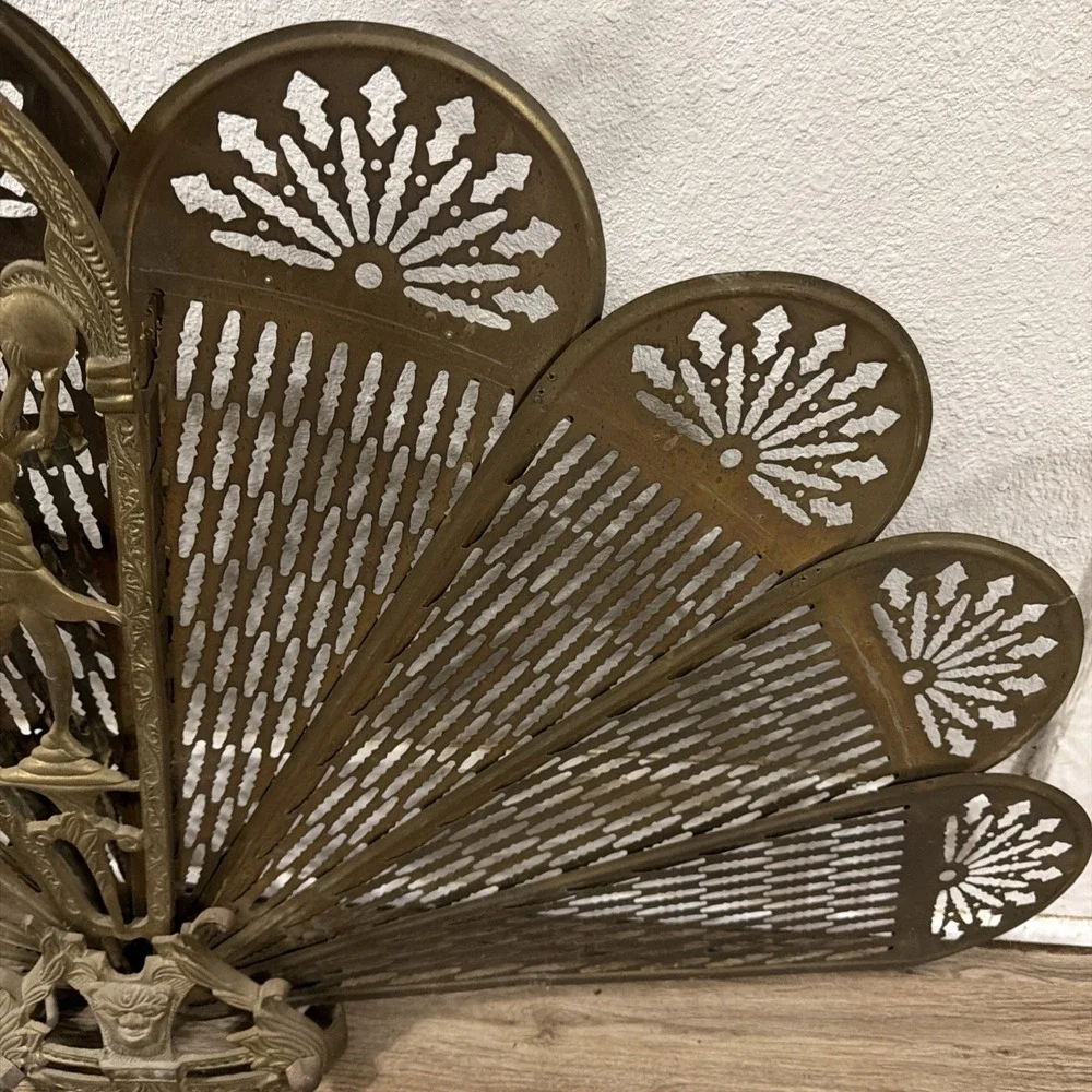 Vintage Brass Peacock Fireplace Screen Art Deco Woman Fan L  33